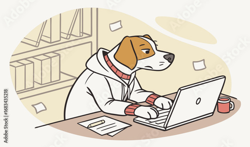 A dog sitting at a desk working on a laptop, realistic and comical photography."
