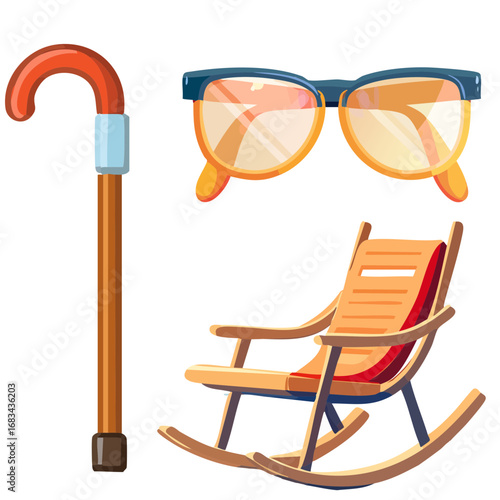 Walking stick glasses and wooden rocking chair for senior lifestyle vector illustration