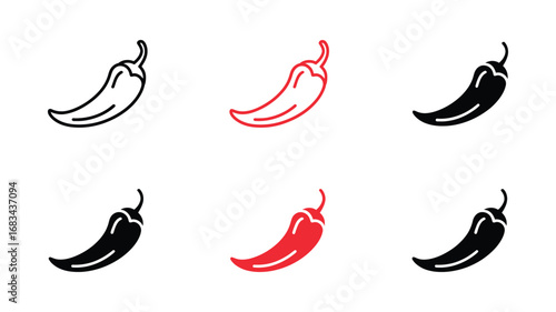 Spicy Chili Pepper Icons:  Black, Red Line Art and Solid Variations for Food,  Restaurant, and Mexican Cuisine Branding.