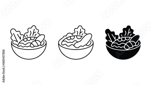 Simple Line Art Icons: Salad Bowl with Vegetables and Dressing – Outline, Filled, and Black Variations for Website, App, or Menu Design.