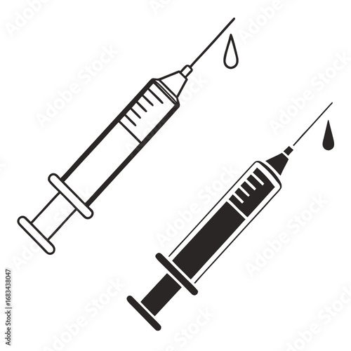Two syringes with needles and drops of liquid in black and white medical illustration style vector art