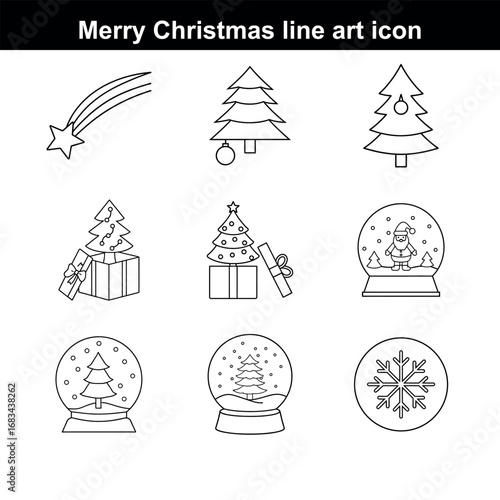 Merry Christmas line art icons featuring Christmas trees snow globes shooting star and snowflake for holiday designs and decorations