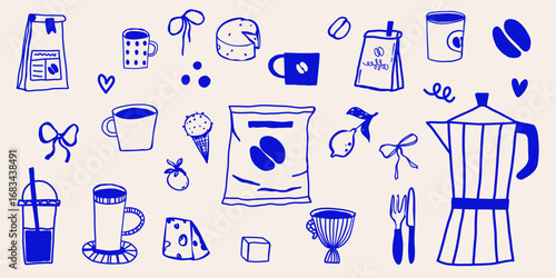 Breakfast food drink hand drawn illustration in doodle sketchy style. Vector simple cafe restaurant branding art set. 