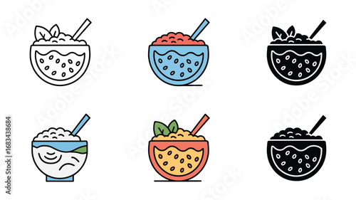 Set of six diverse bowl icons:  line art, color, and solid variations;  healthy breakfast parfait or smoothie bowl designs;  minimalist style;  vibrant and appetizing mood.
