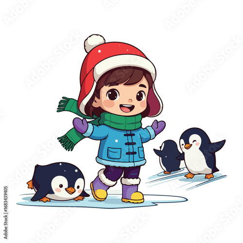 A happy Christmas illustration of Santa Claus, a snowman, a penguin, and a little girl playing together in the snow