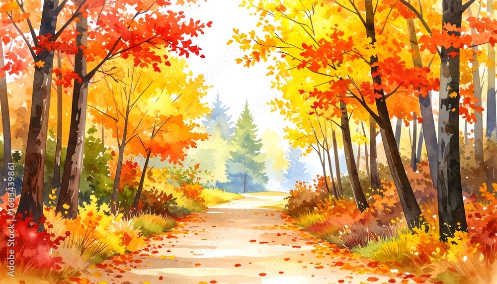 Naklejka premium A picturesque autumnal path winds through a colorful forest, ablaze with vibrant foliage.