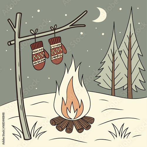 Cozy winter campfire scene with mittens hanging nearby under the moonlight and starry sky