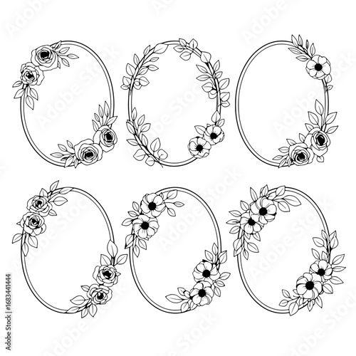 Circle hand drawn wavy frame set. Different black ribbon border collection. Vector doodled lace cadre frames. Curved squiggly border pack for invitation, wedding party, birthday, greeting card design