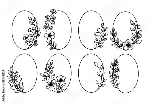 Vector illustration set of vintage floral Easter eggs and ornate spring elements featuring black butterfly designs, swirls, and nature-inspired leaf patterns for a decorative tattoo-style ornament col