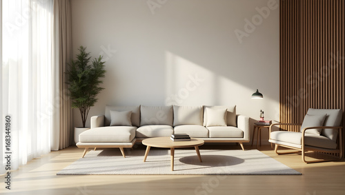 Bright Scandinavian Living Room Interior with Minimalist Furniture and Natural Light