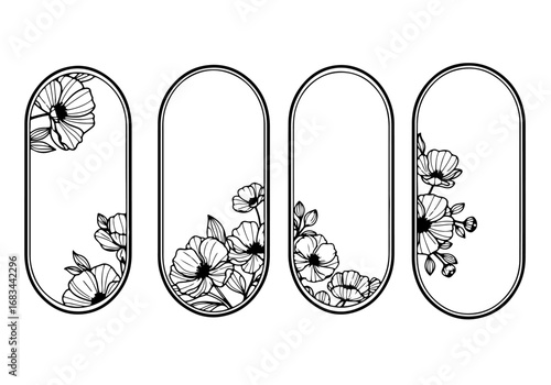 Doodle retangle and oval scalloped frames. Hand drawn scalloped edge rectangle and ellipse shapes. Simple label form. Flower silhouette lace frame. Vector illustration isolated on white background.