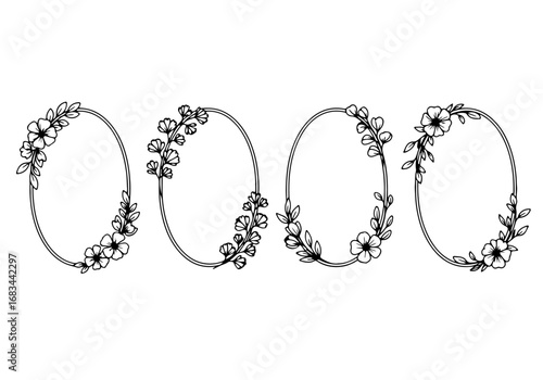 Doodle retangle and oval scalloped frames. Hand drawn scalloped edge rectangle and ellipse shapes. Simple label form. Flower silhouette lace frame. Vector illustration isolated on white background.