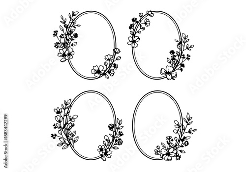 Doodle retangle and oval scalloped frames. Hand drawn scalloped edge rectangle and ellipse shapes. Simple label form. Flower silhouette lace frame. Vector illustration isolated on white background.