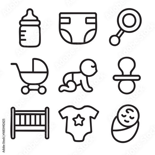 baby care essentials outline icons set