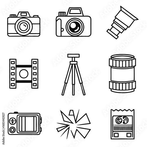 Collection of photography equipment icons featuring cameras tripod and film in outline style design vector