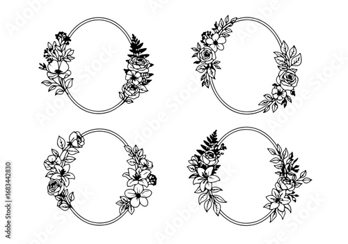 Set of oval frames with wavy borders. Elliptical shapes with curved efges. Mirror, picture or photo frames, empty text boxes, tags or labels isolated on white background. Vector graphic illustration.