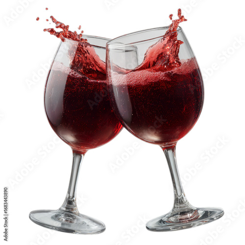 Photo of two glasses of red wine clinking together with splashes isolated on transparent background