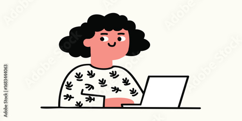 An illustrated young woman immersed in her work, her gaze fixed on the glowing screen of a laptop, creating a scene of modern creativity and productivity.