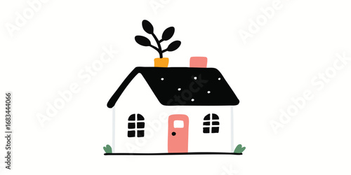 A charming illustration of a cozy home adorned with a potted plant and a sense of warmth and simplicity. it evokes feeling of domesticity and comfort.