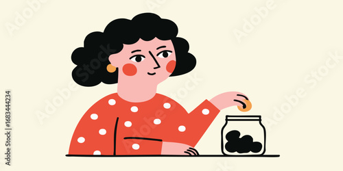 A woman carefully places a coin into a glass jar, symbolizing saving and financial responsibility, embodying the act of accumulating wealth.