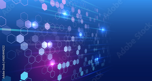 Perfect for technology, science, innovation, and futuristic design projects. Abstract digital background with glowing hexagons and light effects in blue and purple tones.