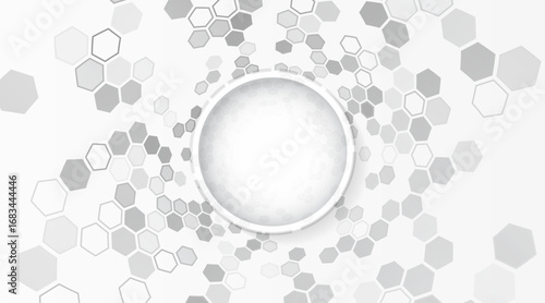 Abstract white background with geometric hexagon pattern and circular frame in the center. Minimalistic and modern design for technology, science, and innovation concepts. For high-tech presentation