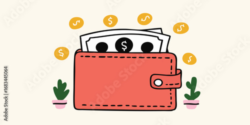 An eye-level illustration presents a red wallet, overflowing with cash and accompanied by scattered gold coins and cute plants, against a soft backdrop. 