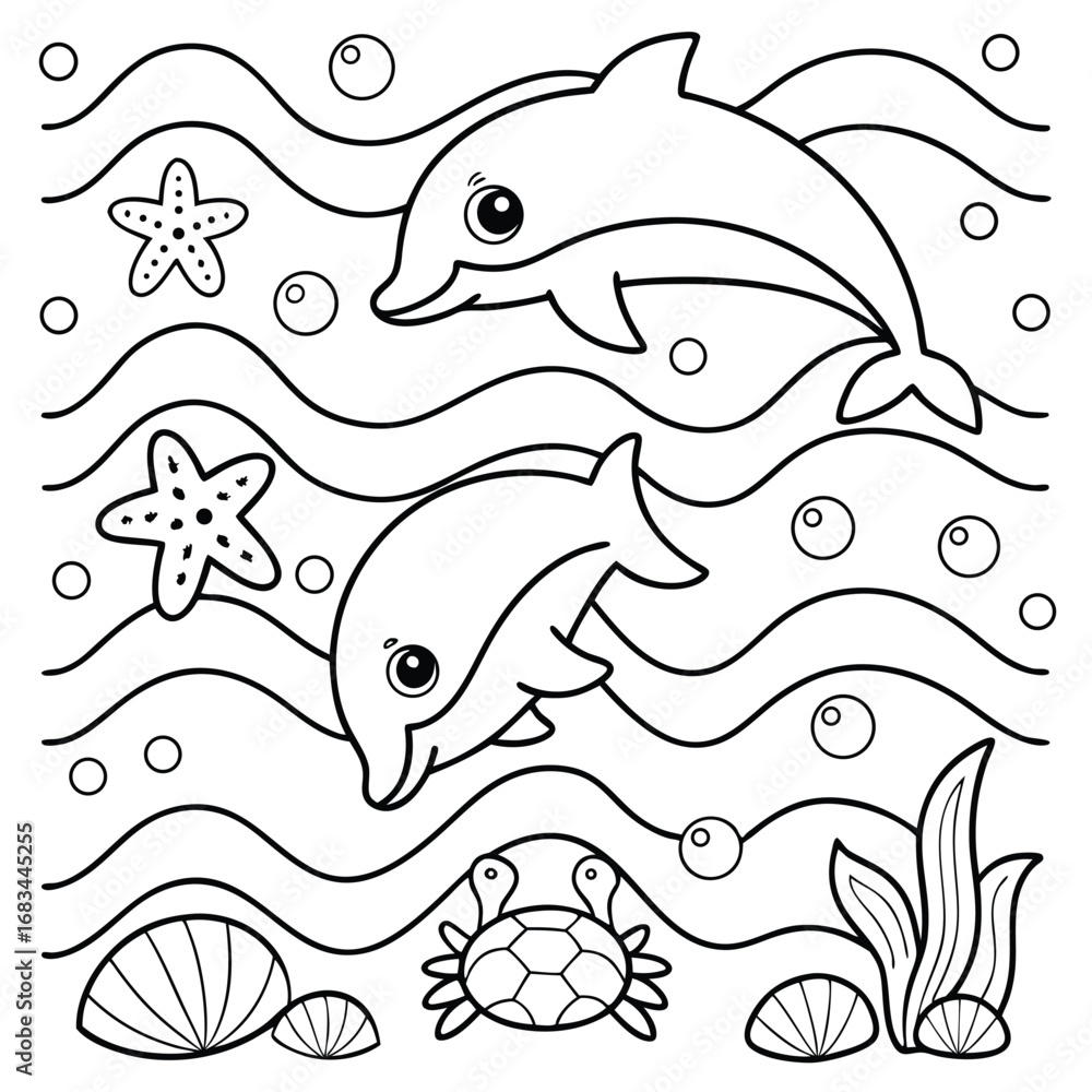Obraz premium Black Silhouette of Happy Cartoon Fish and Coral Kids Underwater Adventure Coloring Page