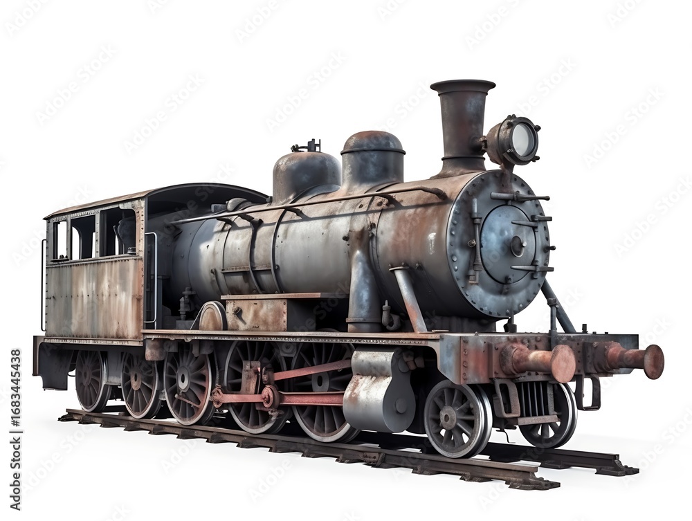 Obraz premium Vintage Locomotive: A meticulously detailed depiction of a vintage steam locomotive, showcasing its weathered exterior and intricate mechanical design.