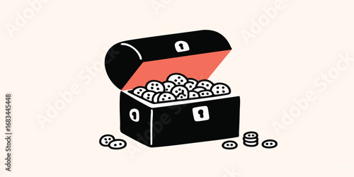 A treasure chest overflowing with gold coins. A drawing captures a sense of adventure.