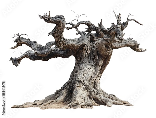 Ancient and Twisted: A gnarled, weathered tree, with its complex, contorted branches, stands as a symbol of resilience against time. it evokes a sense of enduring strength.