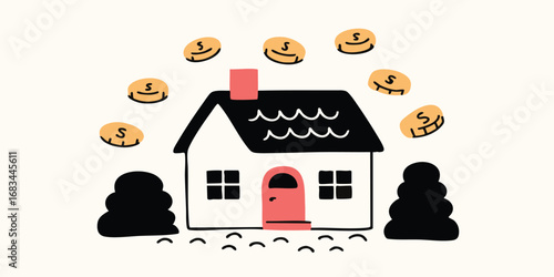 An illustrated home with a roof and a chimney is the focal point, and money is around the home that representing home investment or wealth creation. The scene has a simple.