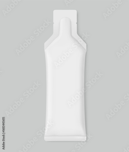 Sachet bag mockup for energy gels, sport nutrition, cosmetics. Vector illustration isolated on grey background. Flat lay view. Can be use for template your design, presentation, promo, ad. EPS10.