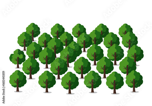 Cartoon depiction of a dense forest with numerous green trees against a white background