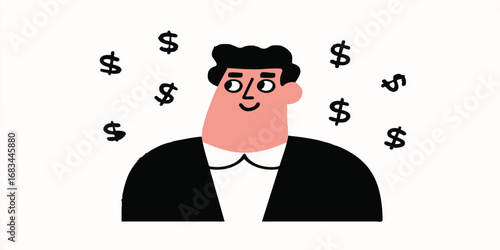 A businessman with dollar symbol illustration expresses wealth and financial success
