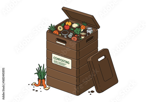 Compost bin filled with food scraps lid ajar plant beside it
