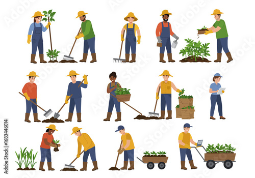 Farmers in various roles planting raking harvesting and using technology