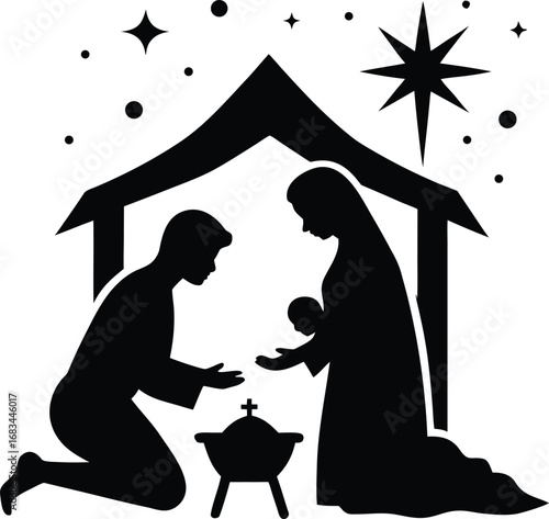 Simple nativity scene silhouette with stable christmas