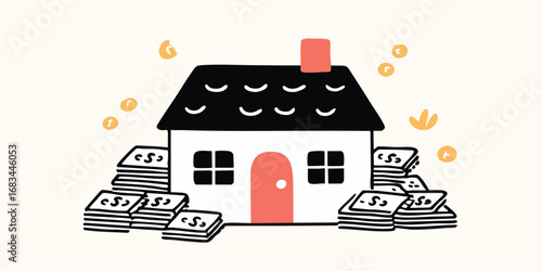 Depicting a quaint house surrounded by stacks of money, symbolizing financial stability and the value of property.
