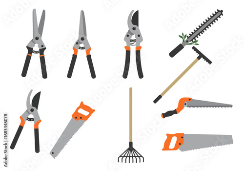 Gardening tools loppers pruners hedge trimmer rakes and hand saws arranged on a white background