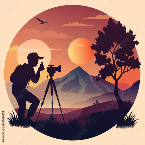 Silhouette of a lone photographer with a camera and tripod against a vibrant sunset sky in the mountains