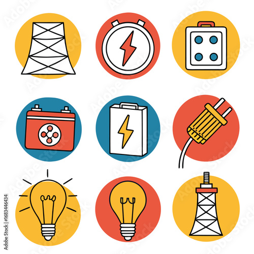 Illustration of energy sources and electrical components arranged in a grid on a white background