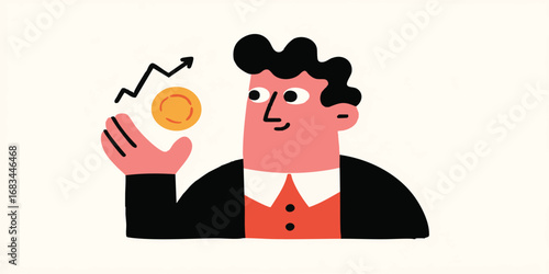 A cartoon figure, exuding confidence, skillfully juggles a gold coin, as a rising graph above the coin signals financial growth and prosperity.