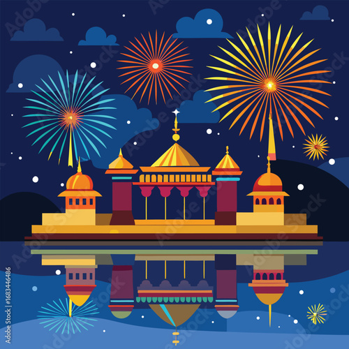 Vector illustration of the night city skyline with a cathedral, church, and mosque, a travel