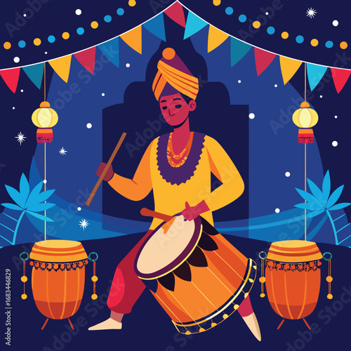 A magical cartoon illustration of a witch drummer playing music on a winter night under the