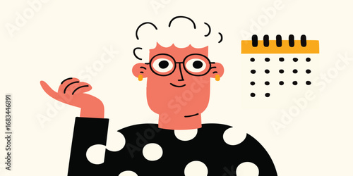A thoughtful elderly woman points towards a calendar, contemplating a schedule and upcoming appointments. This illustration captures planning and organization.