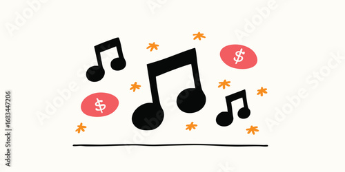 Illustrative depiction of musical notes accompanied by financial symbols, an artistic composition exploring the relationship between music and money.