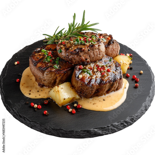 Grilled steak medallions with truffle mash and peppercorn sauce isolated on transparent background