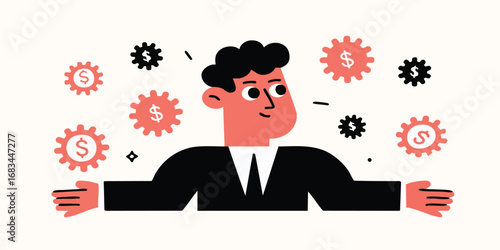 A confident business leader with outstretched arms, surrounded by gears, dollar signs, and symbols, conveying concepts of investment, and progress.