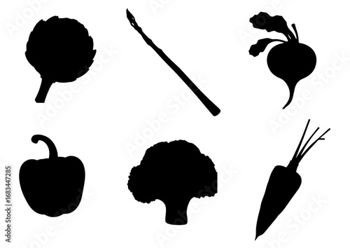 Silhouettes of vegetables including broccoli, carrot, and radish  set